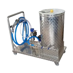 Mobil fyllningsstation för vin och juice, ställning i rostfritt stål som står på fyra hjul