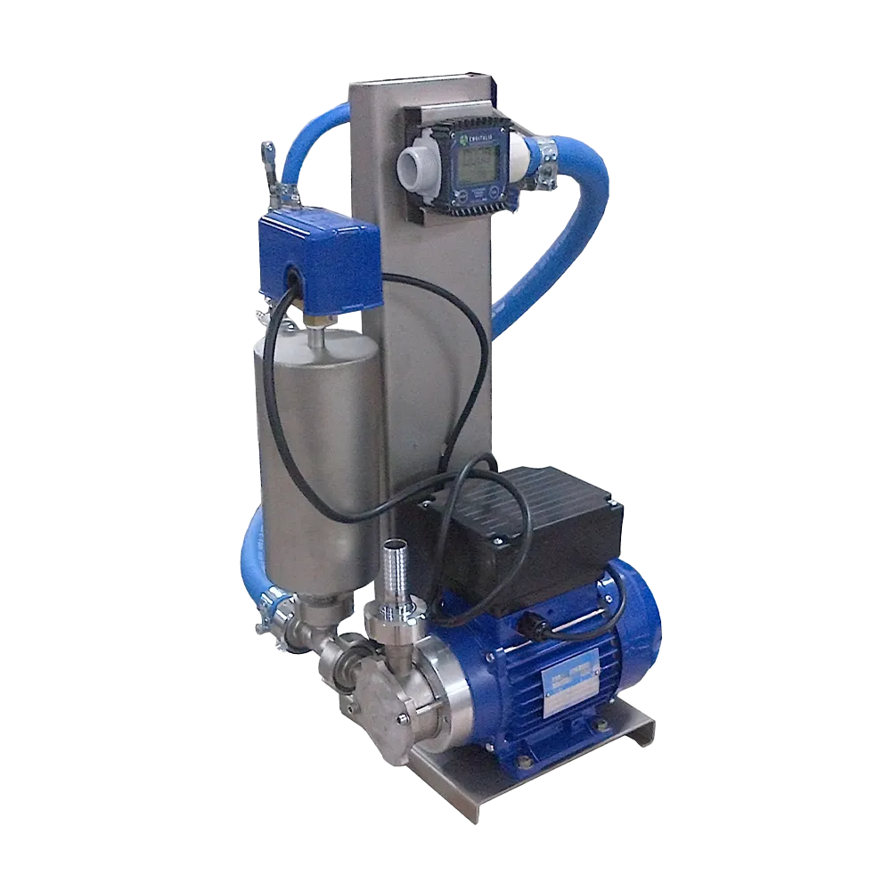 Viinin ja mehun pumppu, joka on asennettu ruostumattomasta teräksestä valmistettuun runkoon yhdessä akkusäiliön ja paineanturin kanssa