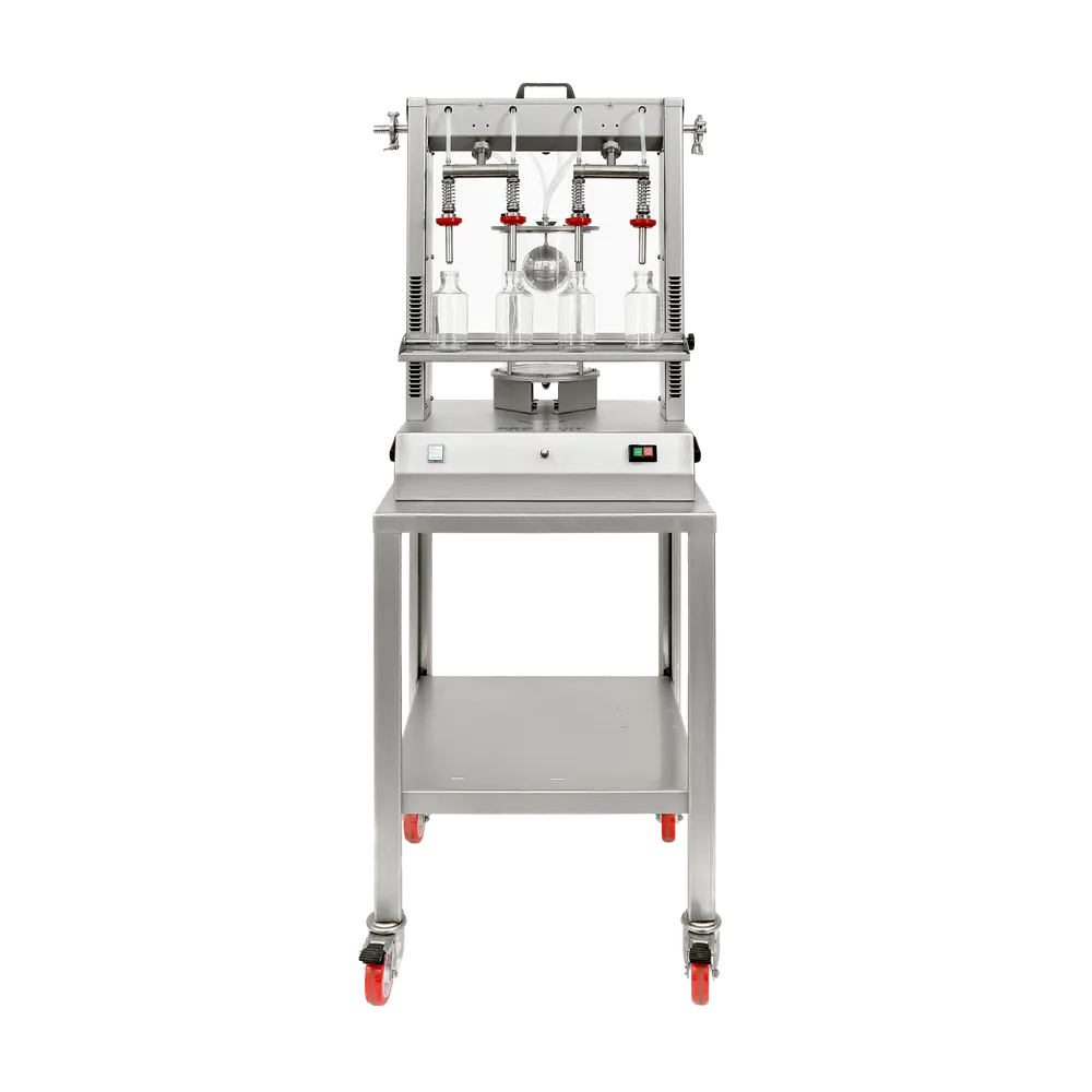 Maskin för vakuumfyllning av flaskor tillverkad i rostfritt stål på ställning med fyra ben med svängbara hjul