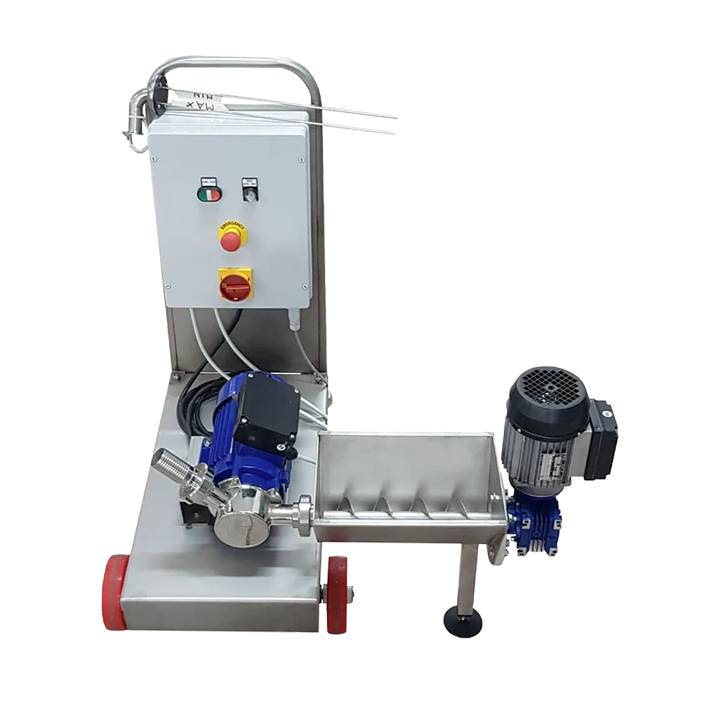 Pumpe til frugtmasse i rustfrit stål bestående af tragt, vogn, pumpe, slanger og håndtag