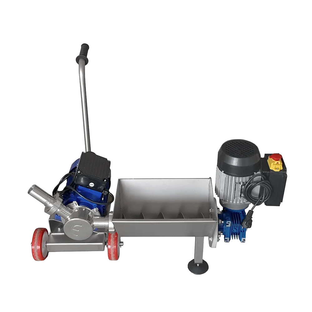 Pump för fruktmassa i rostfritt stål som består av en tratt, vagn, pump, slangar och handtag