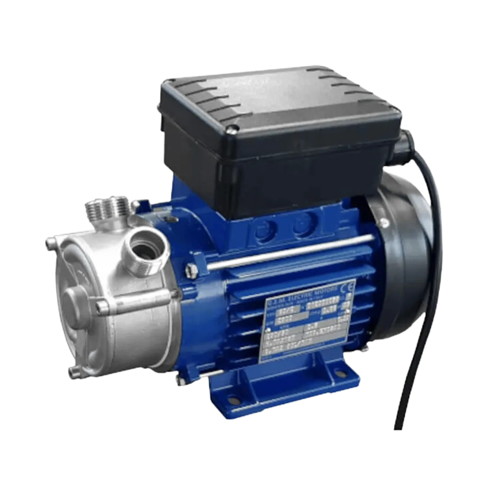 Sidovy av cerntrifugalpump med pumphus och anslutningar i rostfritt stål monterat på en elmotor som är blå