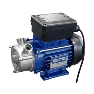 Sidovy av cerntrifugalpump med pumphus och anslutningar i rostfritt stål monterat på en elmotor som är blå