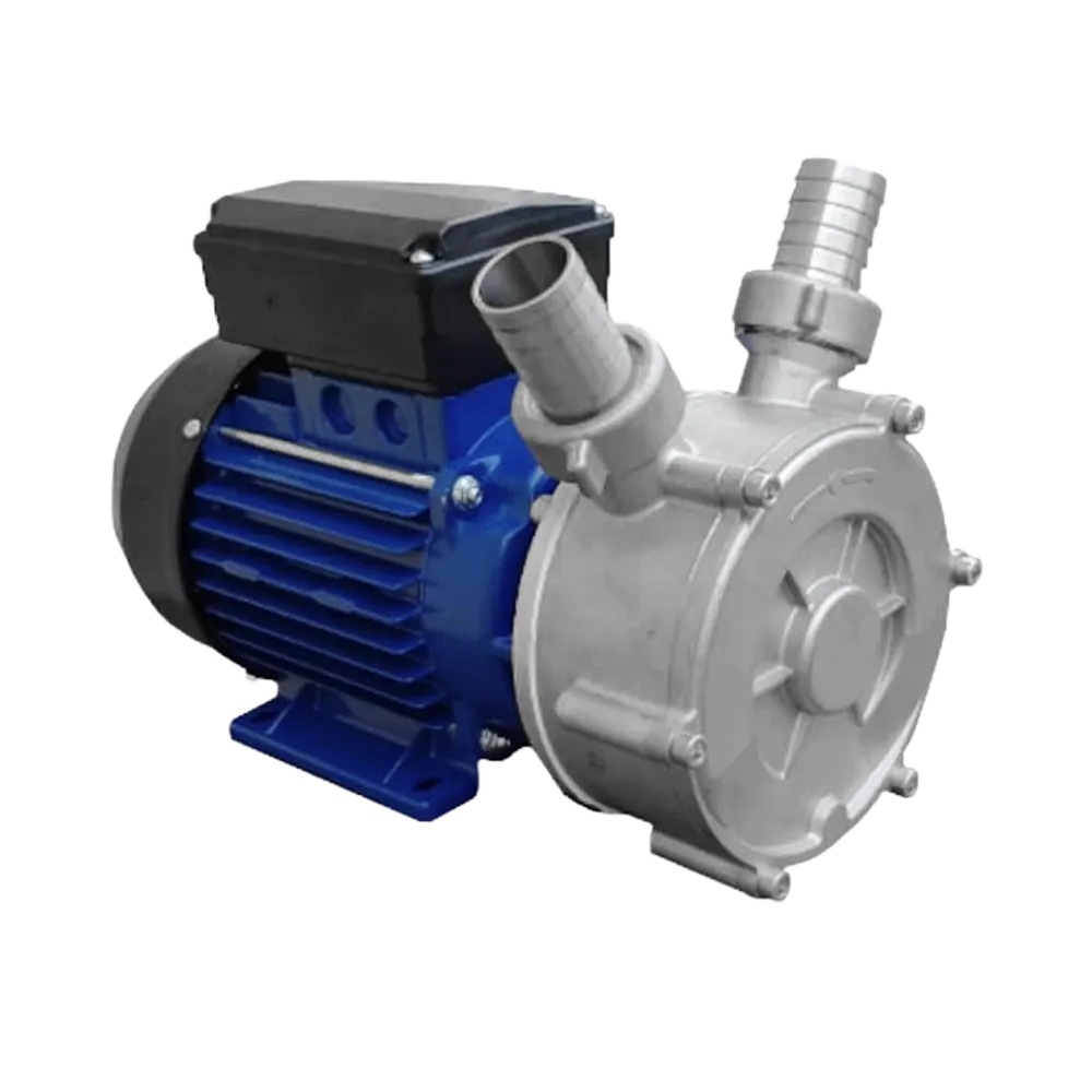 Cerntrifugalpump med pumphus och anslutningar i rostfritt stål monterat på en elmotor som är blå