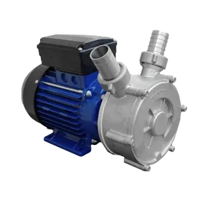 Cerntrifugalpump med pumphus och anslutningar i rostfritt stål monterat på en elmotor som är blå