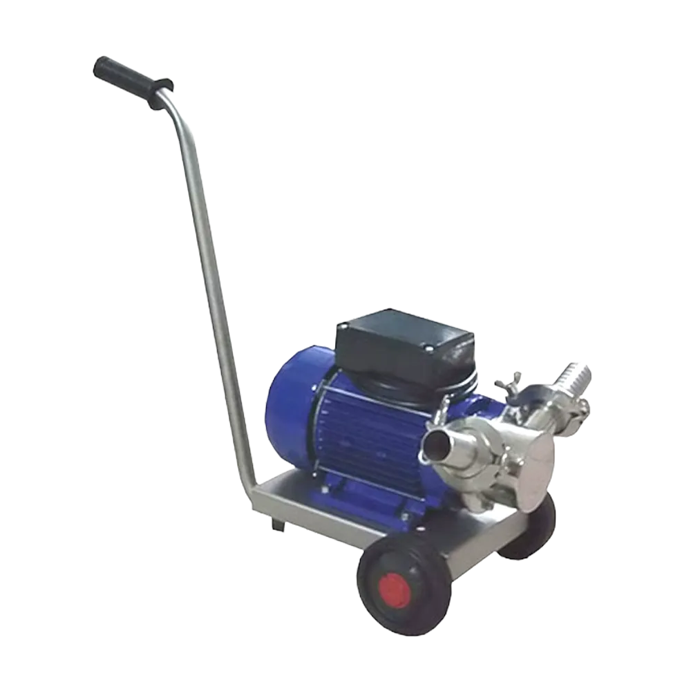 En mobil juicepump i rostfritt stål med blå detaljer samt två hjul och ett långt handtag