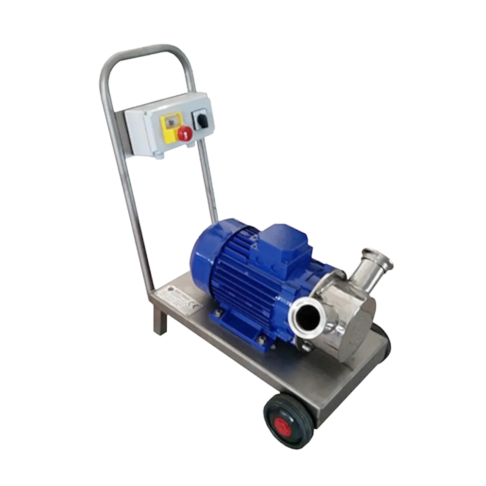 En mobil juicepump i rostfritt stål med blå detaljer samt två hjul och ett elskåp för styrning monterat på handtaget