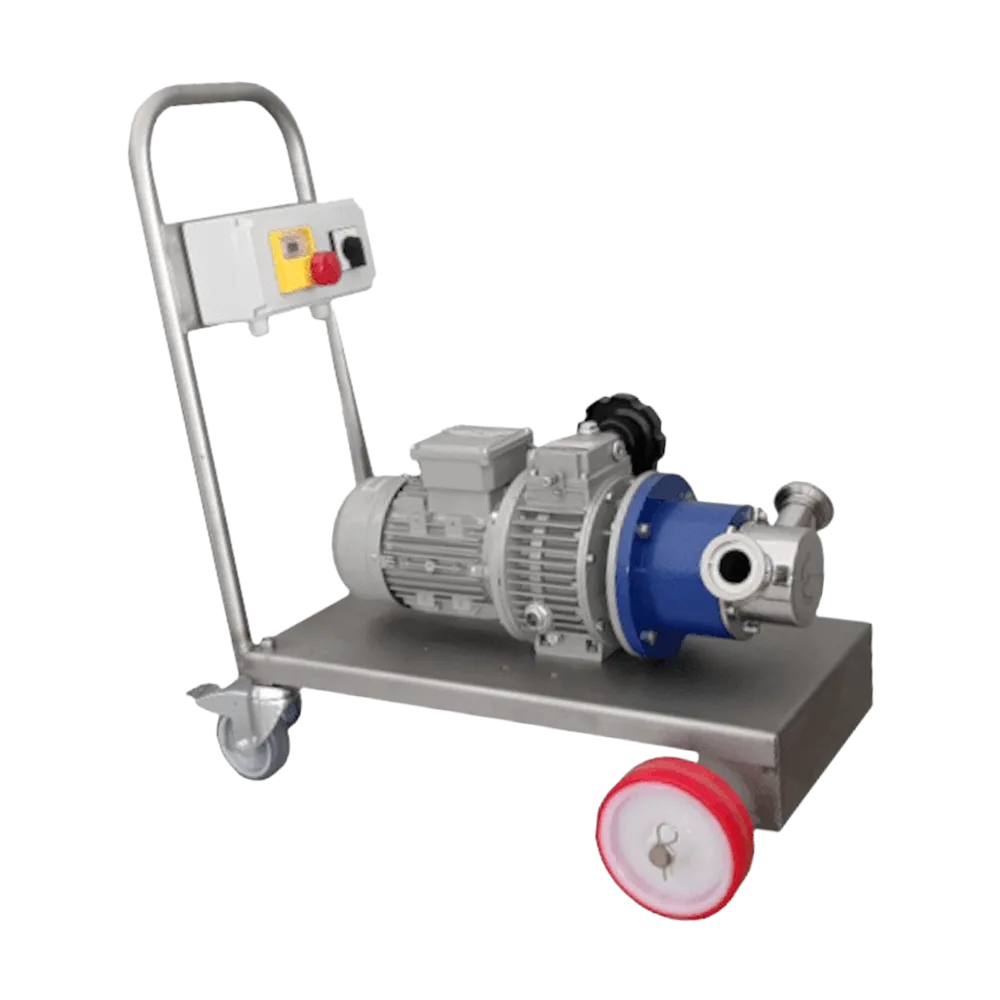 Ruostumattomasta teräksestä valmistettu siirrettävä mehupumppu harmaalla sähkömoottorilla, joka on asennettu levyyn pyörillä ja kahvalla