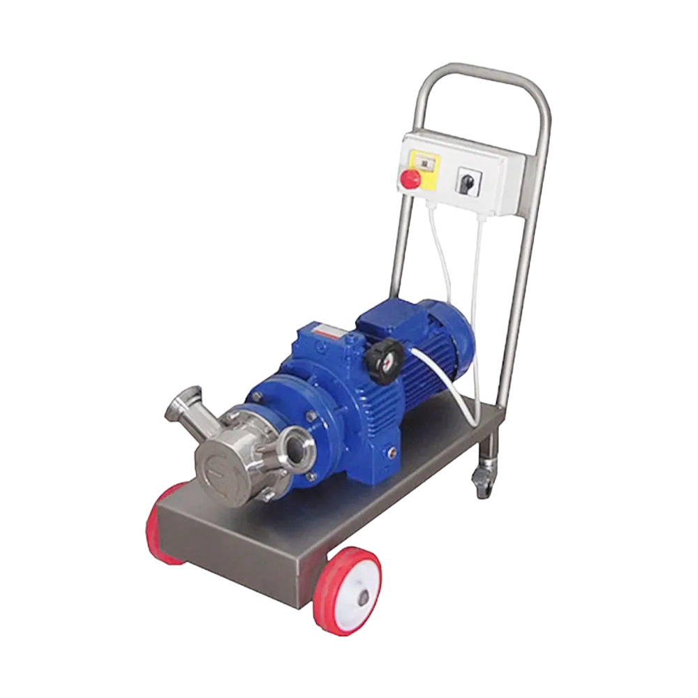 Ruostumattomasta teräksestä valmistettu siirrettävä mehupumppu sinisellä sähkömoottorilla, joka on asennettu levyyn pyörillä ja kahvalla