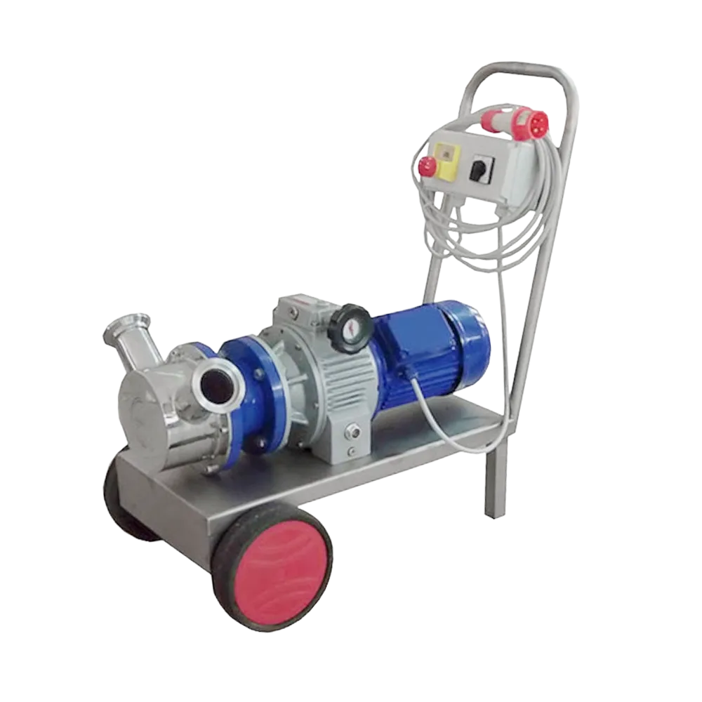 Mobil juicepump i rostfritt stål med blå och röda detaljer samt handtag och hjul