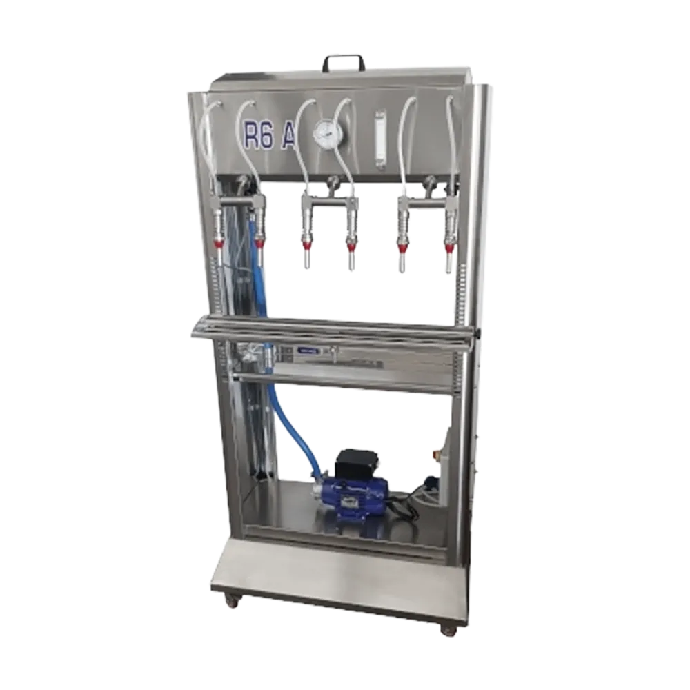 Rostfri maskin på hjul som används för att fylla upp till sex flaskor med dryck