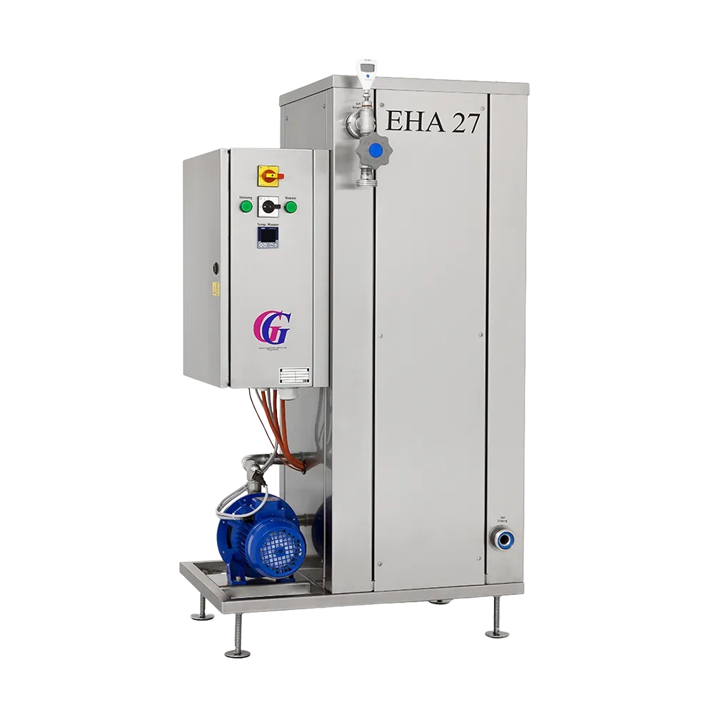 Stor og avansert pasteurisator i rustfritt stål med knapper, slanger og digitalt termometerdisplay