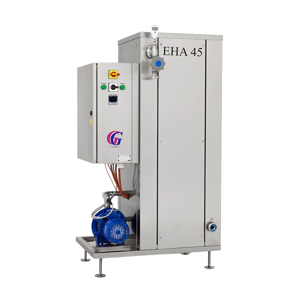 Stor elektrisk pasteurisator i rustfritt stål med blå detaljer og flere knapper og slanger