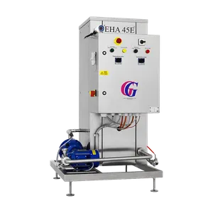 Stor elektrisk pasteurisator i rustfritt stål med blå detaljer og flere knapper og slanger