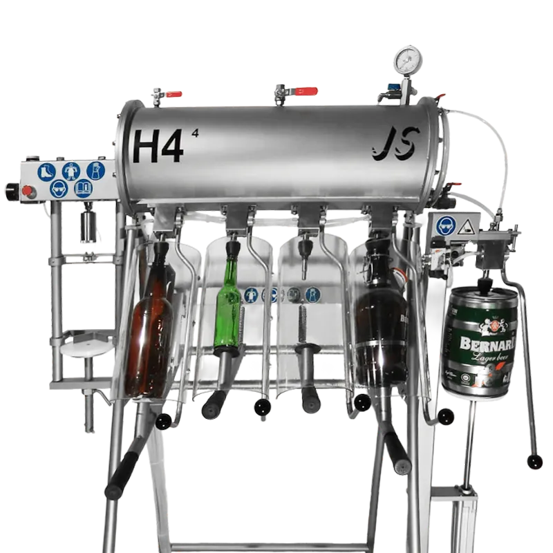 Mottrycksfyllare i rostfritt stål med olika typer av glasflaskor placerade