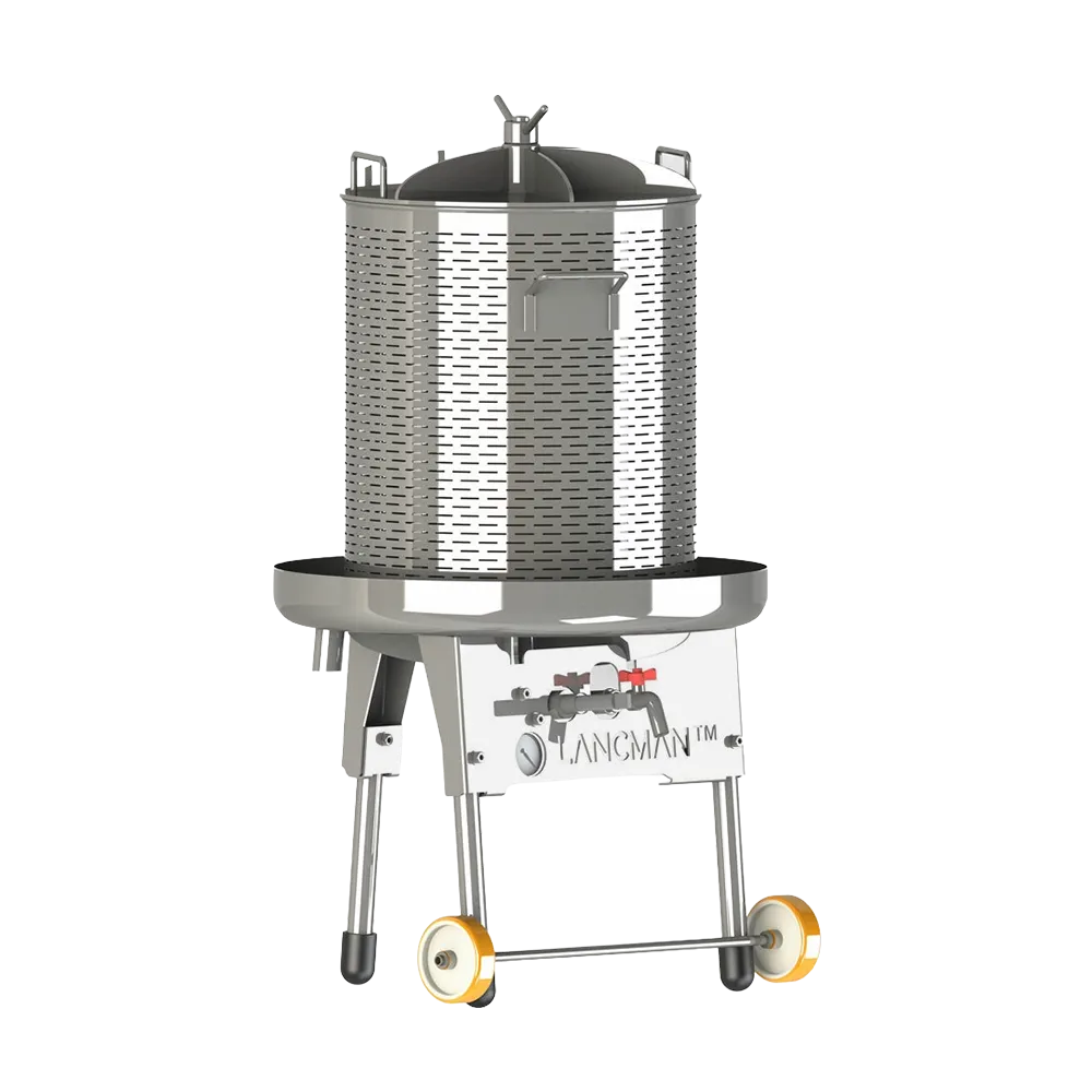 Cylinderformad hydropress i rostfritt stål med lock, presskorg, uppsamlingsplatta, ben och två hjul