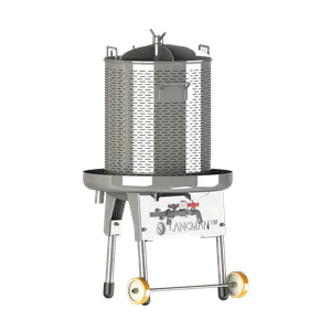 Cylinderformad hydropress i rostfritt stål med lock, presskorg, uppsamlingsplatta, ben och två hjul