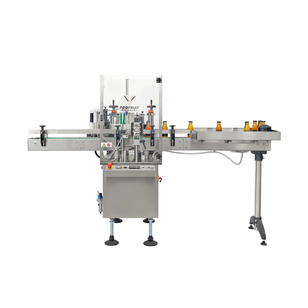 Automatisk etiketteringslinje i rustfritt stål med kontrollpanel og knapper på siden av maskinen