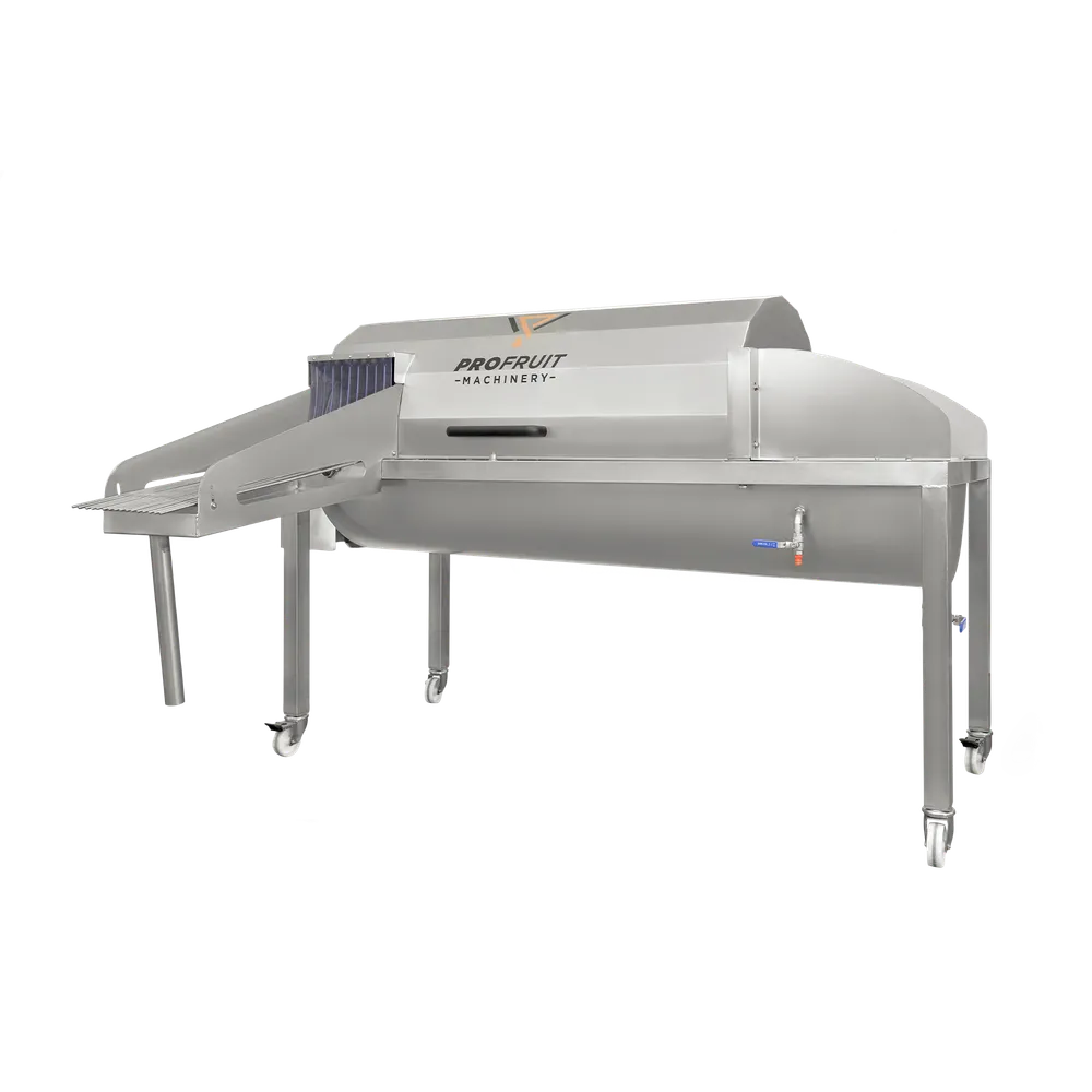 Frukttvätt Aqua 3000 i rostfritt stål med svängbara hjul, utlopp för tvättad frukt på sidan