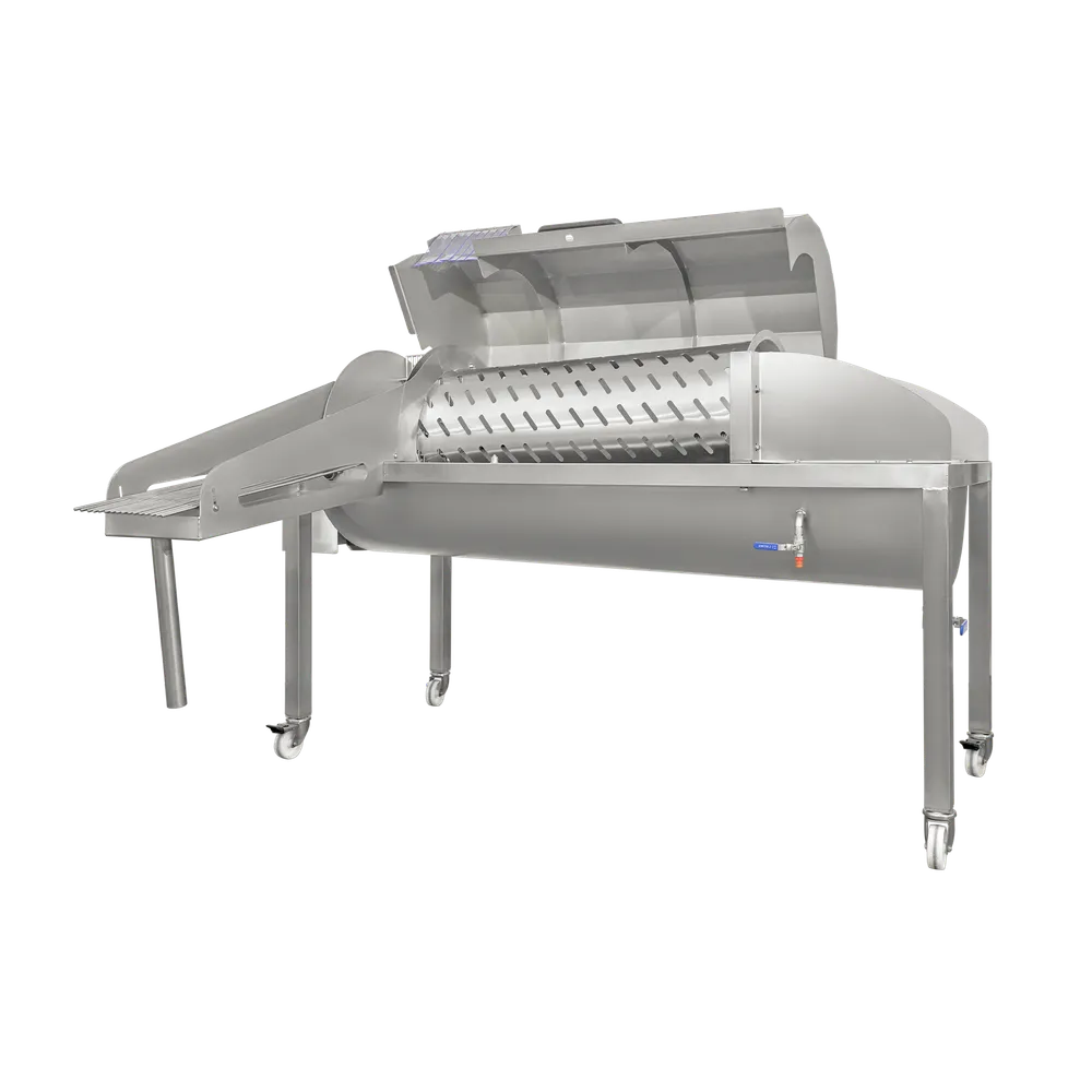 Frukttvätt med enkel åtkoms av insidan med den roterande cylindern med hjälp av ett öppningsbart överdrag i rostfri plåt