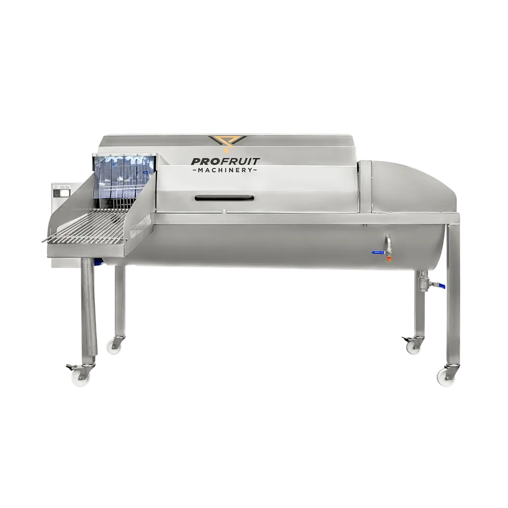 Frugtvasker Aqua 3000 i rustfrit stål med drejelige hjul, udtag til vasket frugt på siden