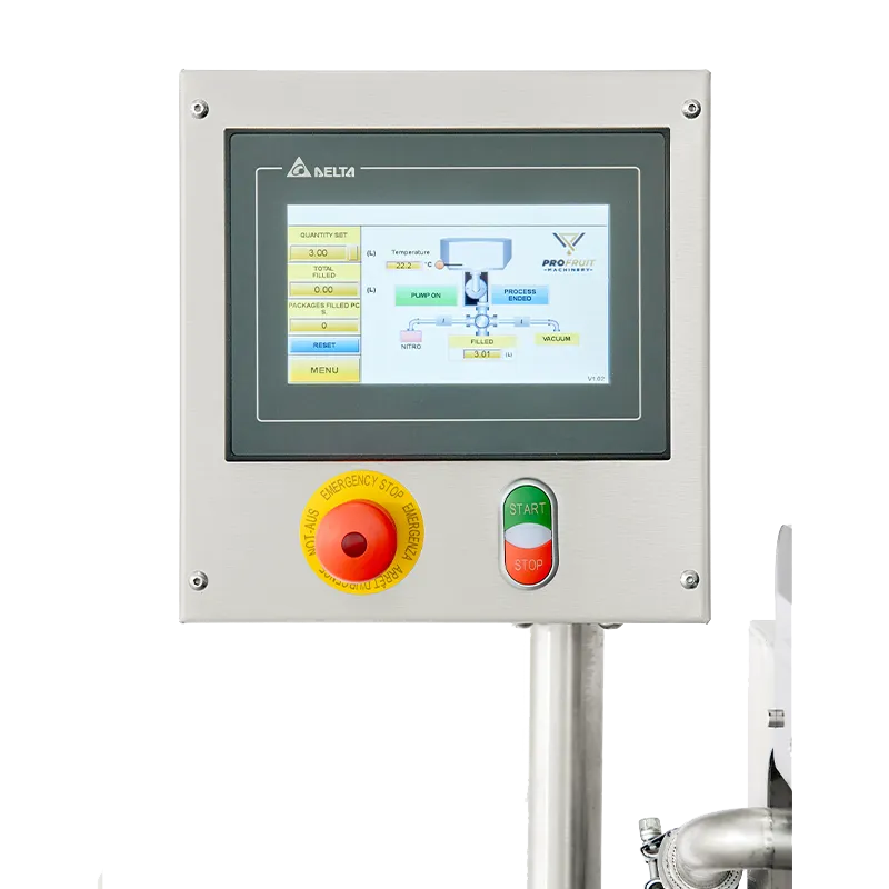 Digital display med funktionalitet och knappar till maskin för automatisk fyllning och förslutning av BIB påsar