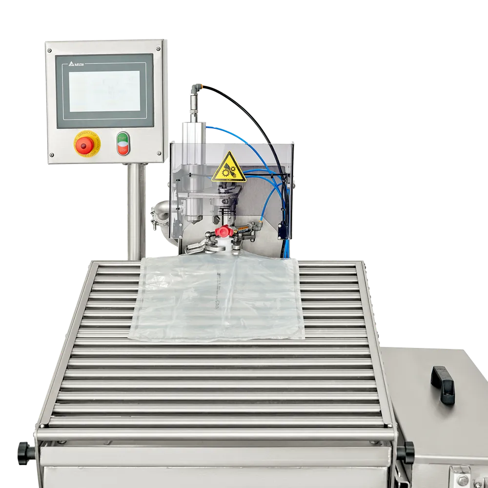 Översiktsbild på Automatisk Bag-In-Box-fyllare Autoflow i rostfritt stål med påse placerad i hållare