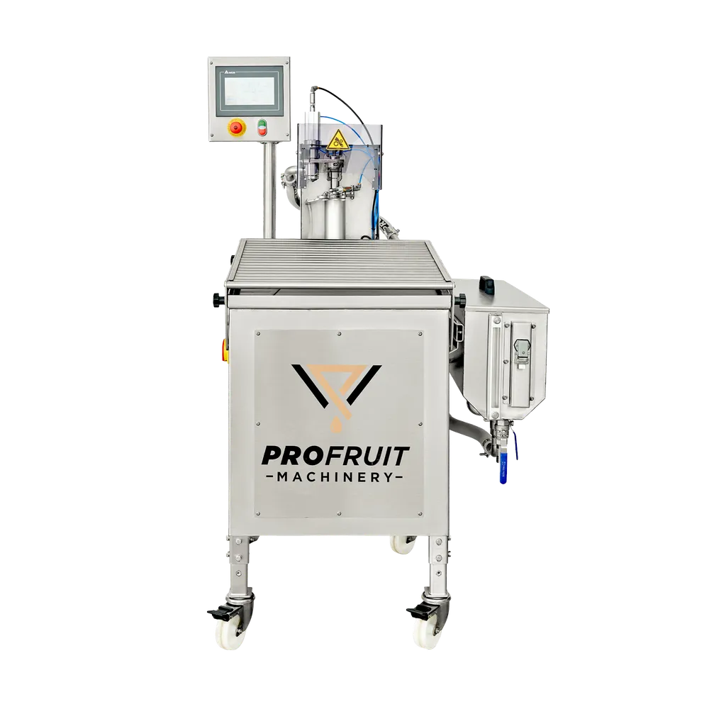 Automatisk Bag-In-Box-fyllare Autoflow i rostfritt stål med vy framifrån, maskinen står på fyra svängbara hjul