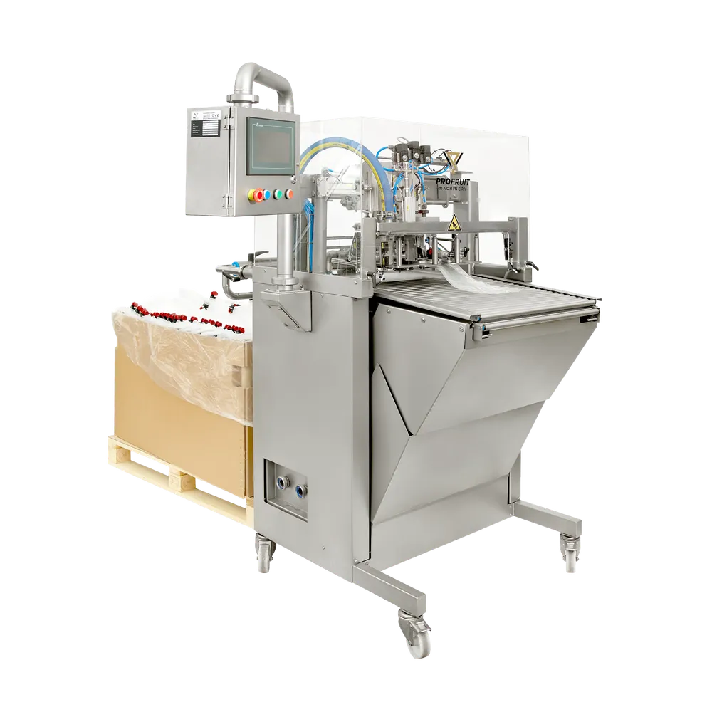 BIB fyllare Maxiflow står framför en pall med Bag-in-web påsar