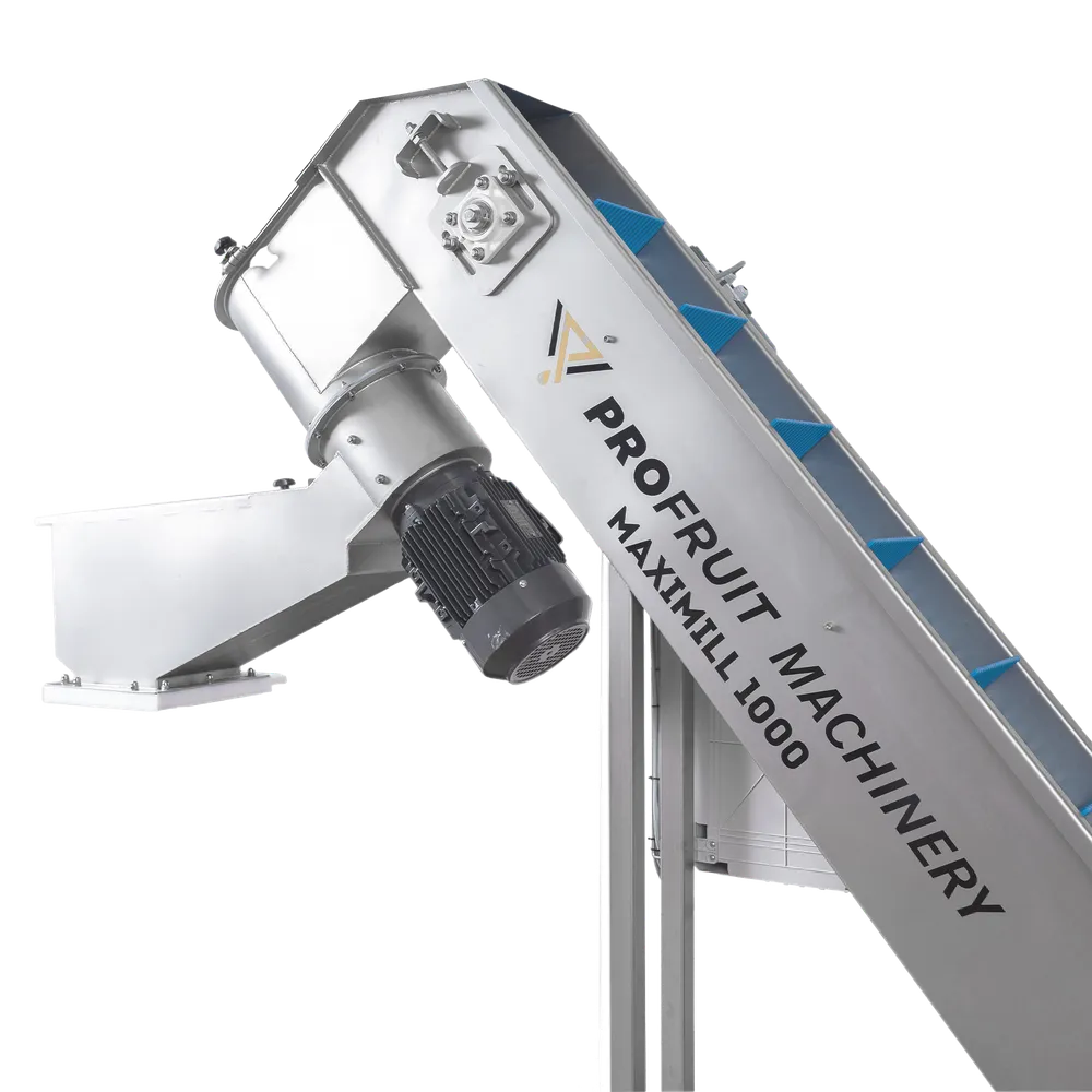 Hedelmämurskain ja annostelija on asennettu kuljetushihnan päähän