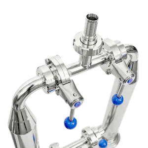 Närbild på rörfilter i rostfritt stål och ventil med svart handtag