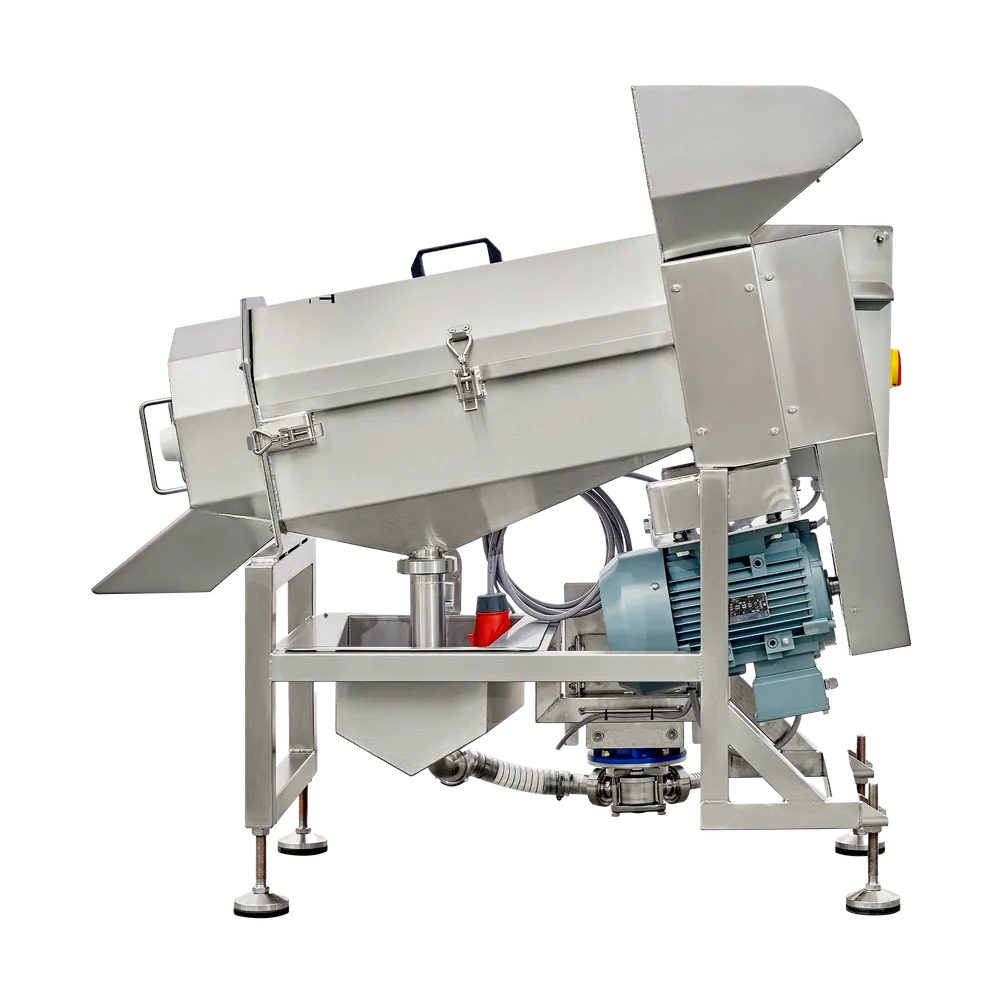 Urskæremaskine DESTONE af rustfrit stål, der står på fire drejelige hjul