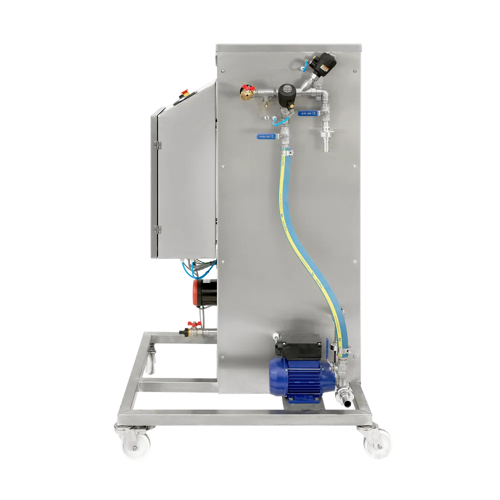 Pastöreringsmaskin i rostfritt stål med pump ventiler och slangar på sidan