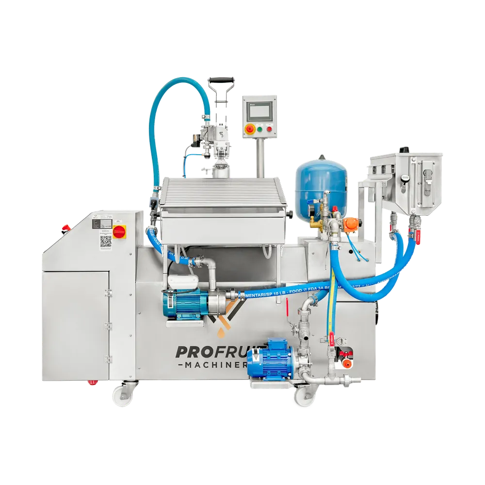 Maskin for pasteurisering av eplemost, juice med mer. Utstyrt med halvautomatisk bag-in-box-fyller