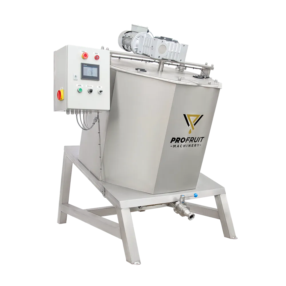 Syltetøykoker i rustfritt stål med beholder på fire ben, styreskap på siden av maskinen