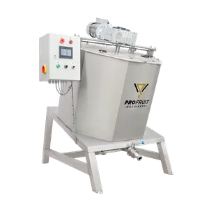 Syltetøykoker i rustfritt stål med beholder på fire ben, styreskap på siden av maskinen