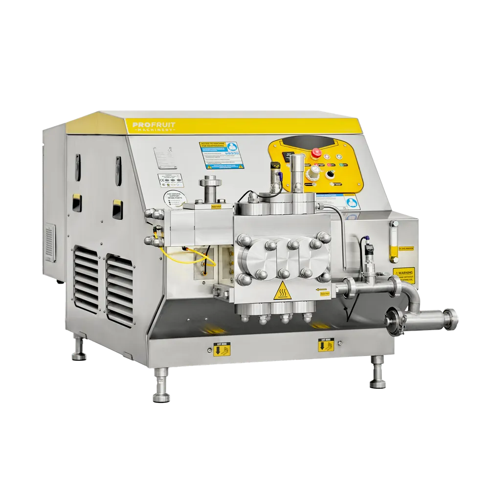 Bild med vinkel från sidan av den större homogenisator i rostfritt stål för fruktjuice