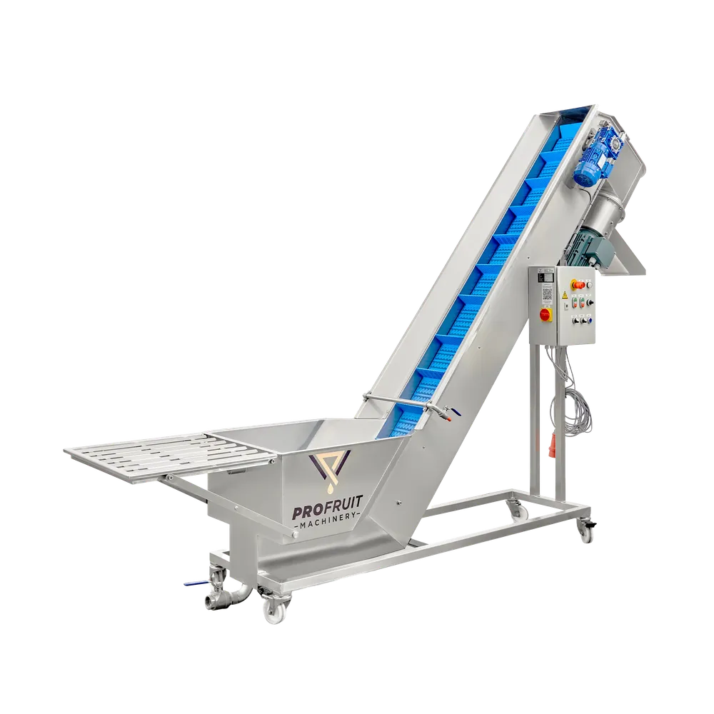 Stor maskine i rustfrit stål, der bruges til at vaske, transportere og knuse frugt