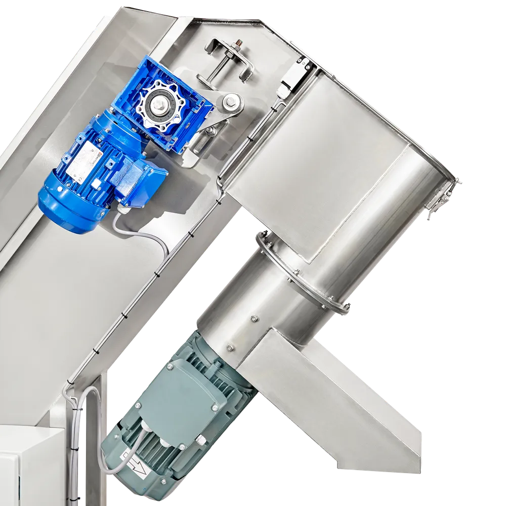 Drivmotoren til transportbåndet er placeret på siden øverst på maskinen, frugtknuseren er monteret nedenunder