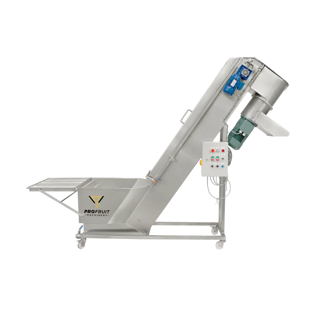 Suuri monitoimikone ruostumattomasta teräksestä, jota käytetään hedelmien pesuun, kuljetukseen ja murskaukseen