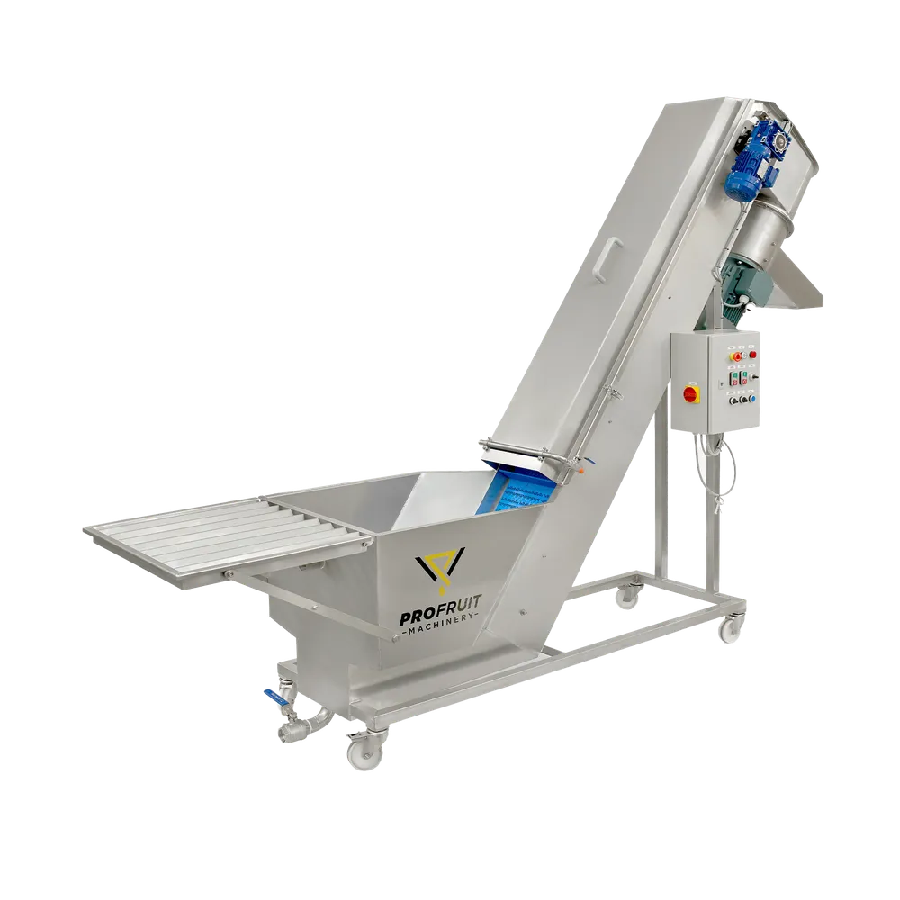 Stor multifunksjonell maskin i rustfritt stål med et transportbånd som har en beskyttende åpningsplate i rustfritt stål over seg