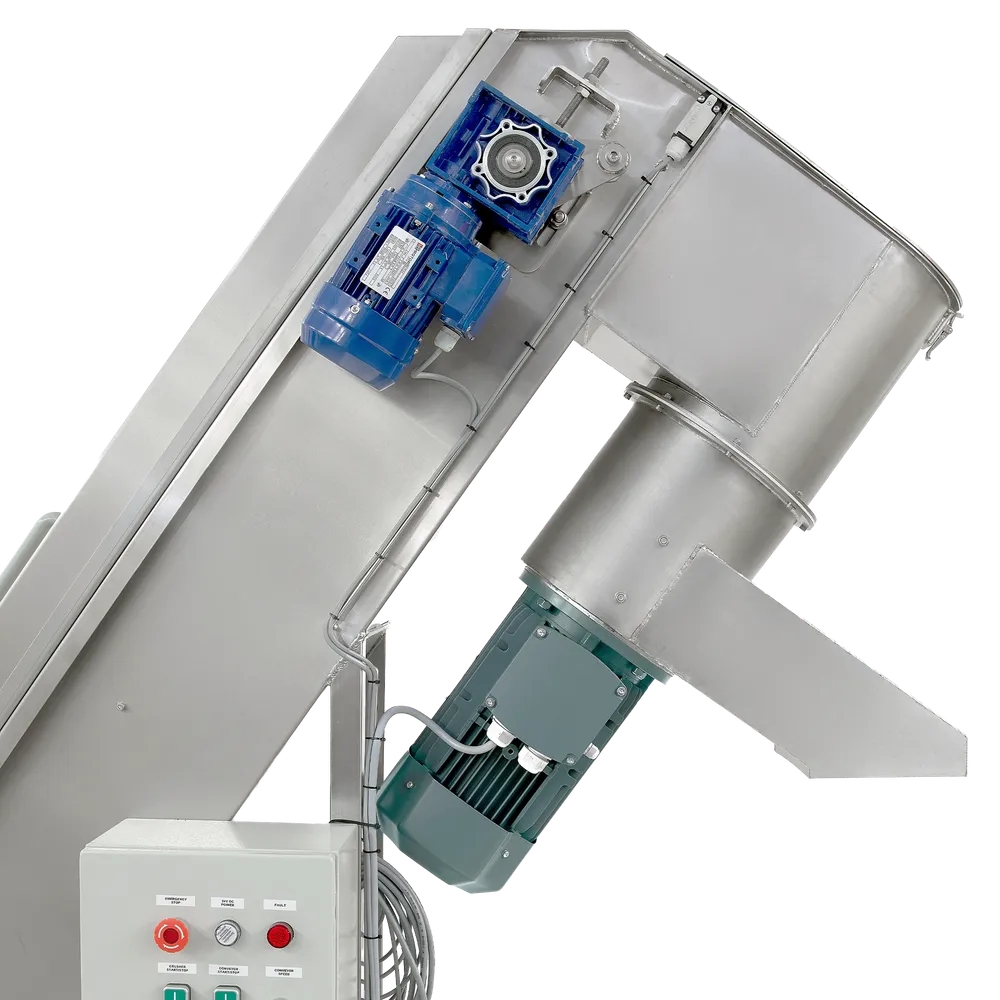 Nærbilde av fruktknuseren som er montert på undersiden av transportbåndet