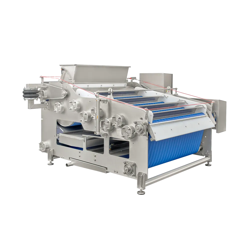 Hihnapuristin Powerpress 3000 on valmistettu ruostumattomasta teräksestä ja siinä on sininen, sivulta katsottuna puristinhihn