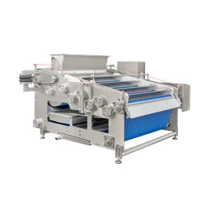 Hihnapuristin Powerpress 3000 on valmistettu ruostumattomasta teräksestä ja siinä on sininen, sivulta katsottuna puristinhihn