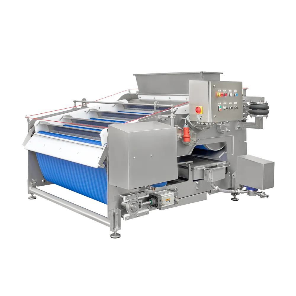 Teknisesti edistyksellinen ruostumattomasta teräksestä valmistettu hihnapuristin, jossa on siniset yksityiskohdat sekä painikkeet ja letkut hedelmien puristamiseen