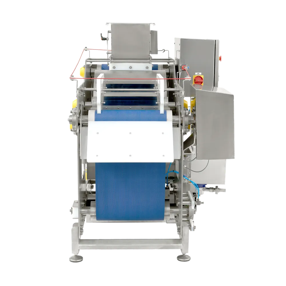 Hihnapuristin, jossa on siniset hihnat ja ruostumattomasta teräksestä valmistettu rakenne, jossa on valkoisia muovisia yksityiskohtia