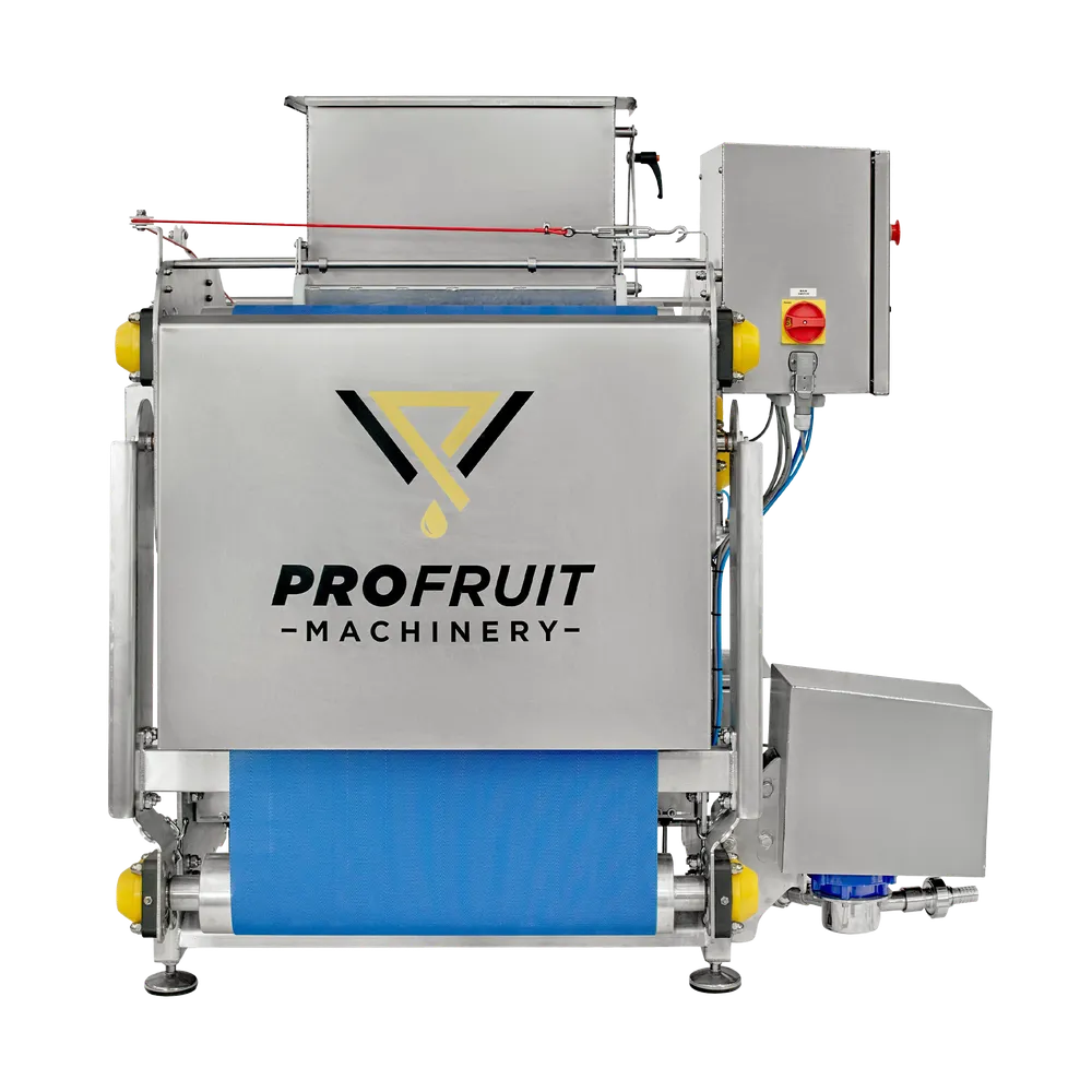 Suuri ruostumattomasta teräksestä valmistettu hihnapuristin, jossa on siniset yksityiskohdat ja säädettävät jalat