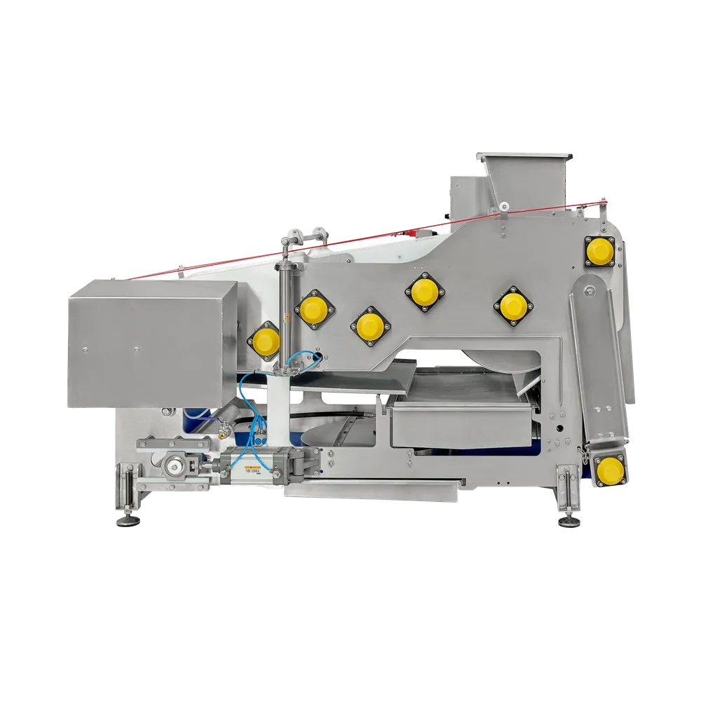 Suuri ruostumattomasta teräksestä valmistettu hihnapuristin, jossa on siniset yksityiskohdat ja säädettävät jalat