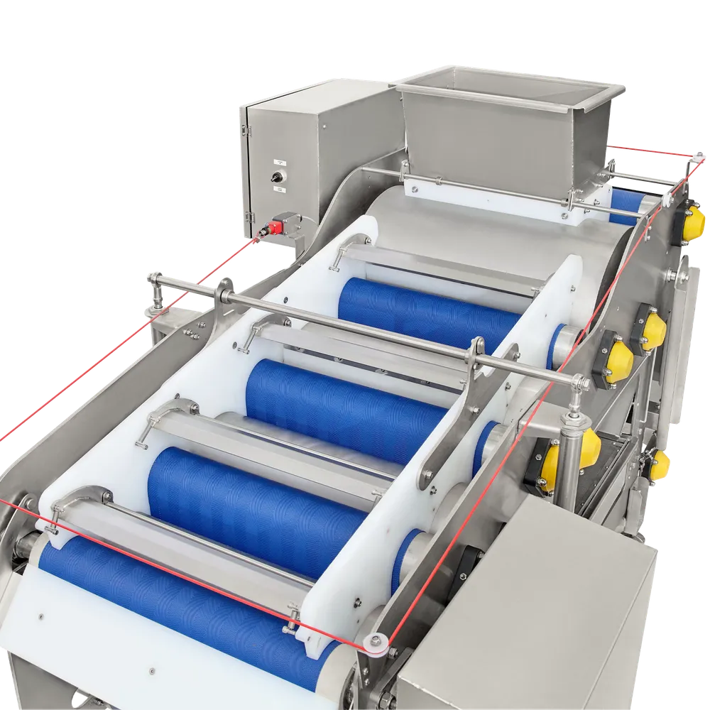 Hihnapuristin, jossa on siniset hihnat ja ruostumattomasta teräksestä valmistettu rakenne, jossa on valkoisia muovisia yksityiskohtia