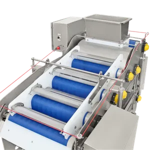Hihnapuristin, jossa on siniset hihnat ja ruostumattomasta teräksestä valmistettu rakenne, jossa on valkoisia muovisia yksityiskohtia